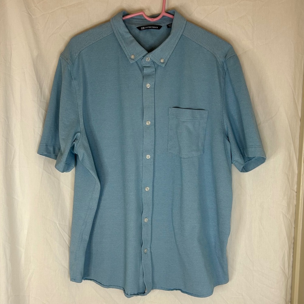 Cutter & Buck Mens XL‎ Button Down Shirt Short Sleeve Blue Stretch